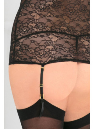 Guêpière noire grande taille dentelle florale et décolleté avec ornements - REN51001X-BLK